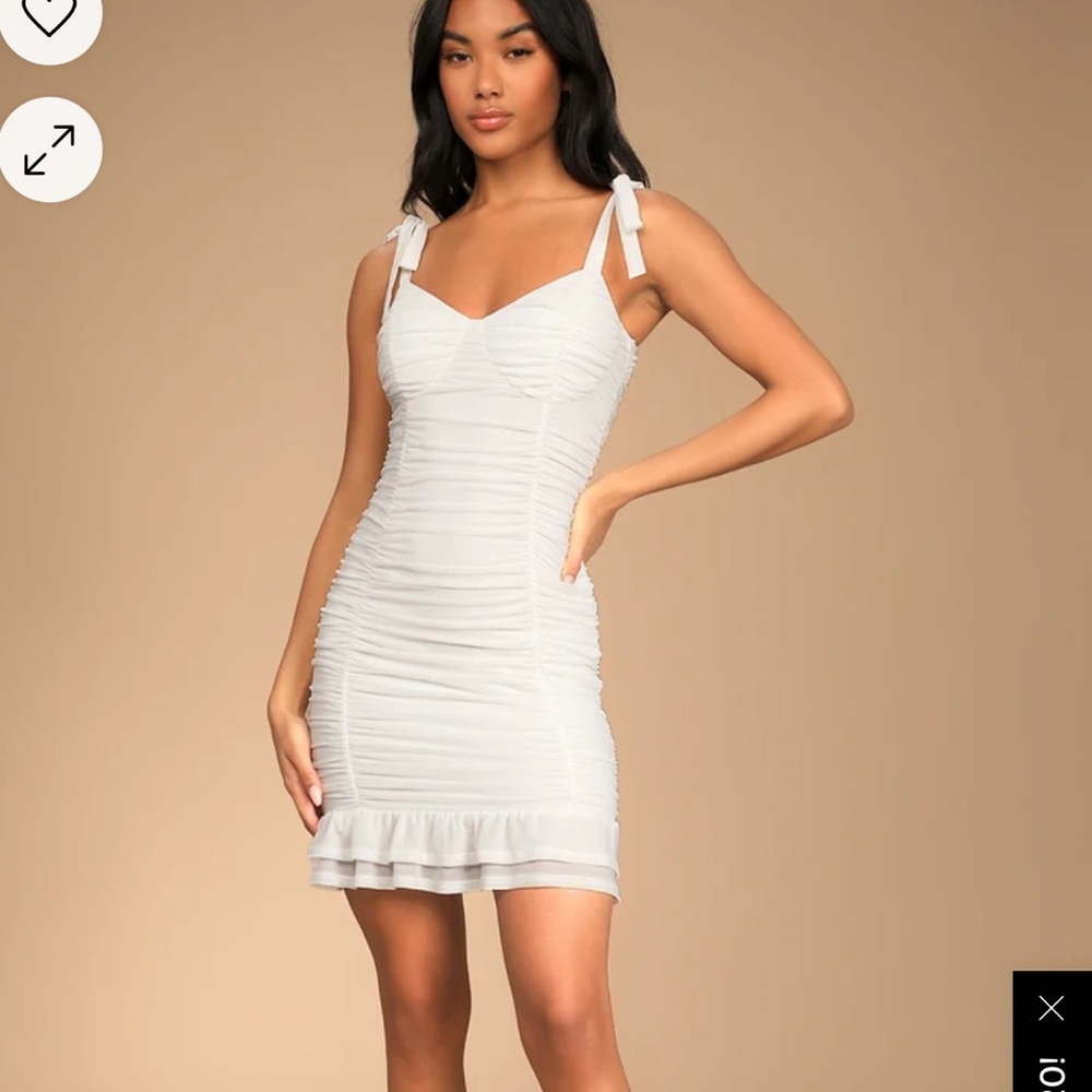 White Ruched Mesh Tie-Strap Bodycon Mini Dress
